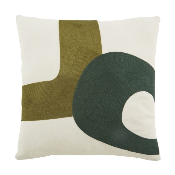 Cuscino testurizzato con motivi geometrici ricamati écru e verde pino 45x45  cm LUCIANO