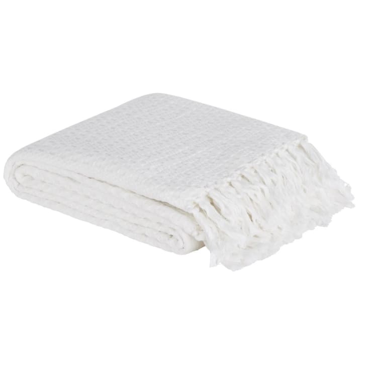 Decke aus Bio-Baumwolle mit Waffelmuster und Fransen, weiß, 160x210cm NYDIA  | Maisons du Monde