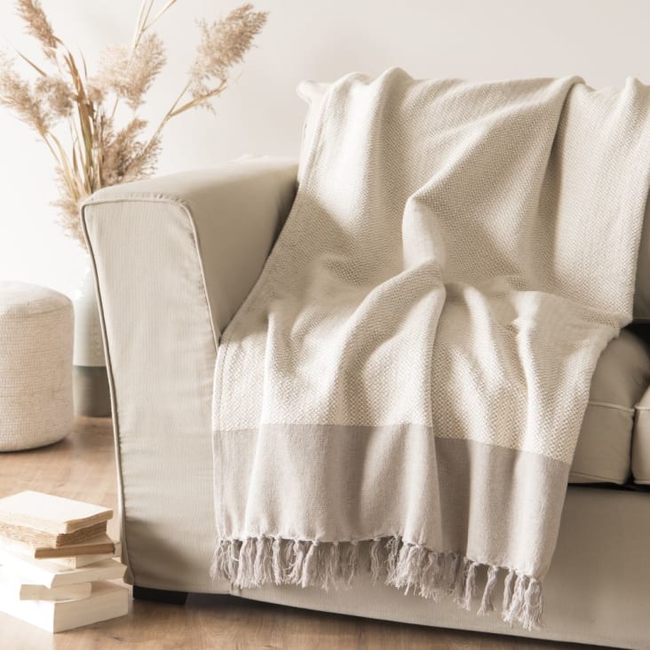 Decke aus gewebter, recycelter Baumwolle, beige und ecru, 160x210cm IDEAL |  Maisons du Monde