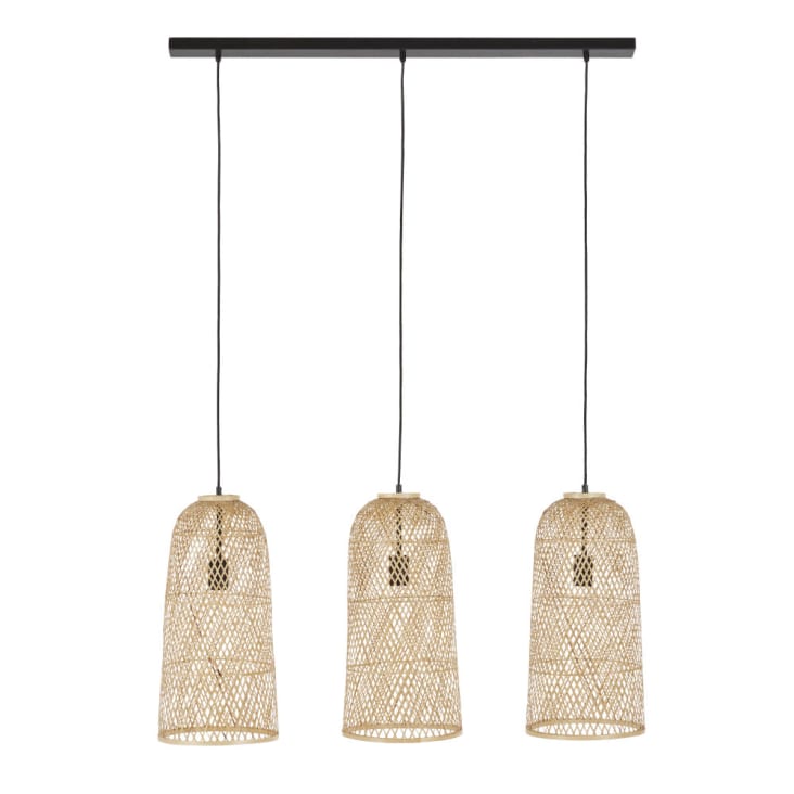 Drievoudige hanglamp uit bamboe en zwart metaal