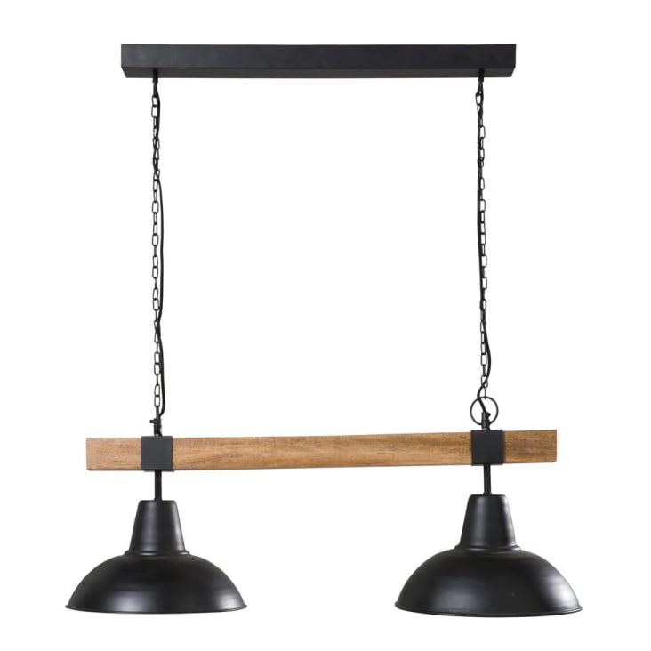 Dubbele hanglamp van zwart metaal en mangohout