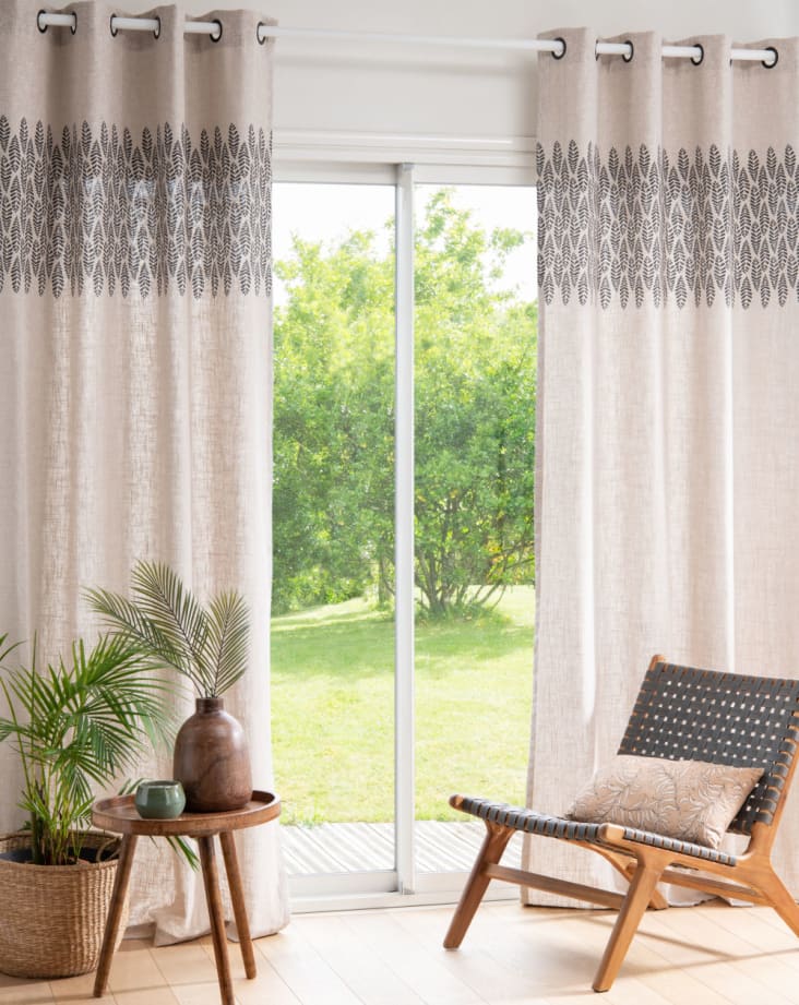 Einelner Vorhang mit du und anthrazitgrau | Ösen, beige SABROSO Monde 140x250cm Maisons bedruckt