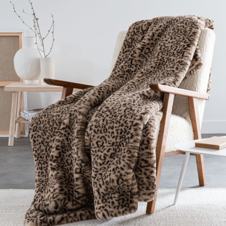 Fellimitat-Decke, ecrufarben, schwarz und braun mit Leopardenmuster,  150x180cm HIMALA | Maisons du Monde