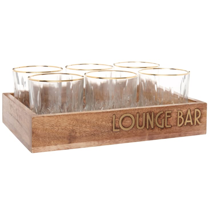 Gläser aus geschliffenem Glas mit Goldrand, Set aus 6, und Tablett aus Mangoholz Lounge