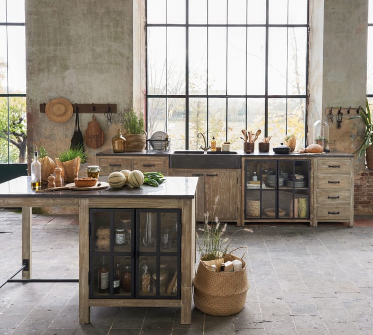 Greta - Grey Recycled Pine Kitchen Base Unit with 2 Glazed Doors