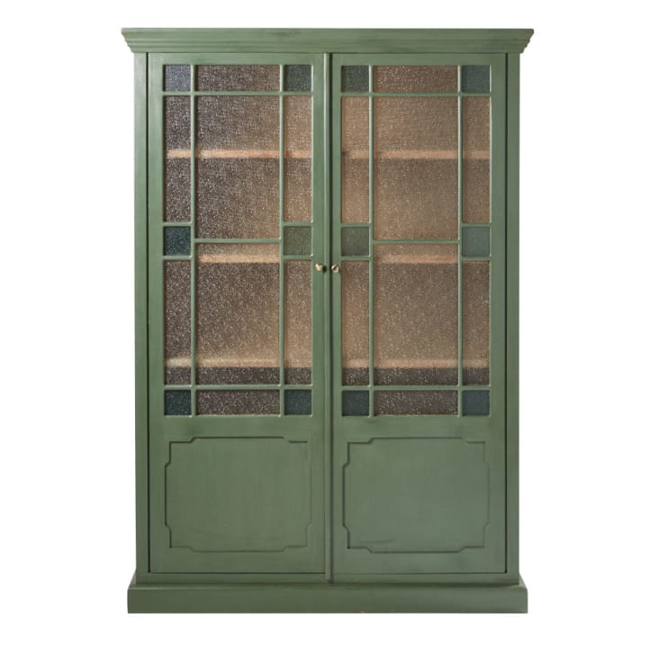Groene vitrinekast met 2 deuren van massief acaciahout en granietachtig glas