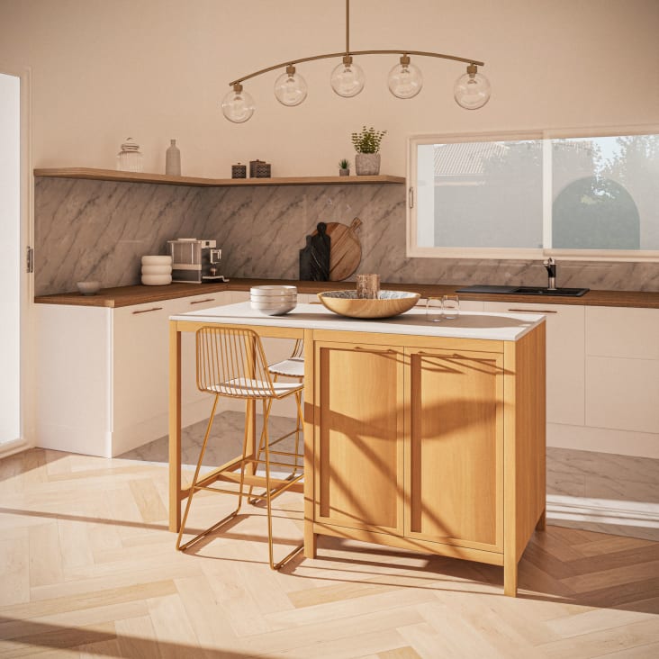 Tavola - Îlot central cuisine 4 tiroirs et 6 niches effet marbre blanc
