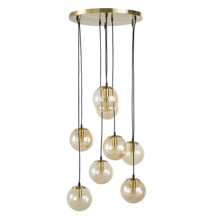 Lampada a sospensione in metallo dorato con 8 globi in vetro ambrato
