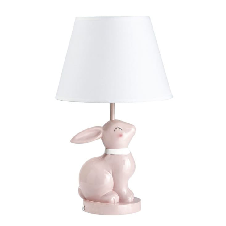 Lampe Hase aus rosa Keramik mit weißem Lampenschirm