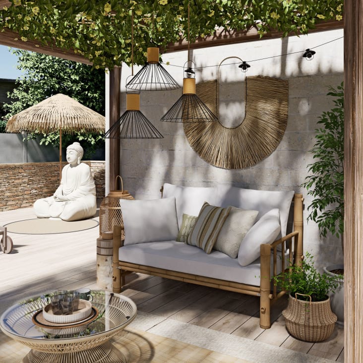 Figuera - Mesa baja de jardín redonda de cuerda beige y cristal