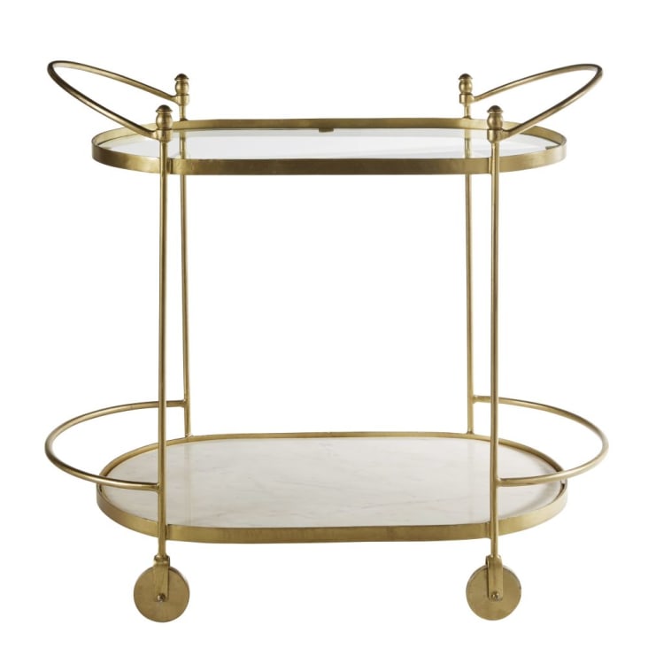 Mesa de apoio de vidro, metal dourado e mármore branco