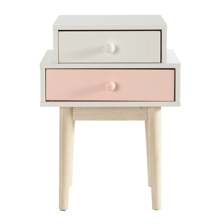 Mesa de cabeceira com 2 gavetas branca e cor-de-rosa