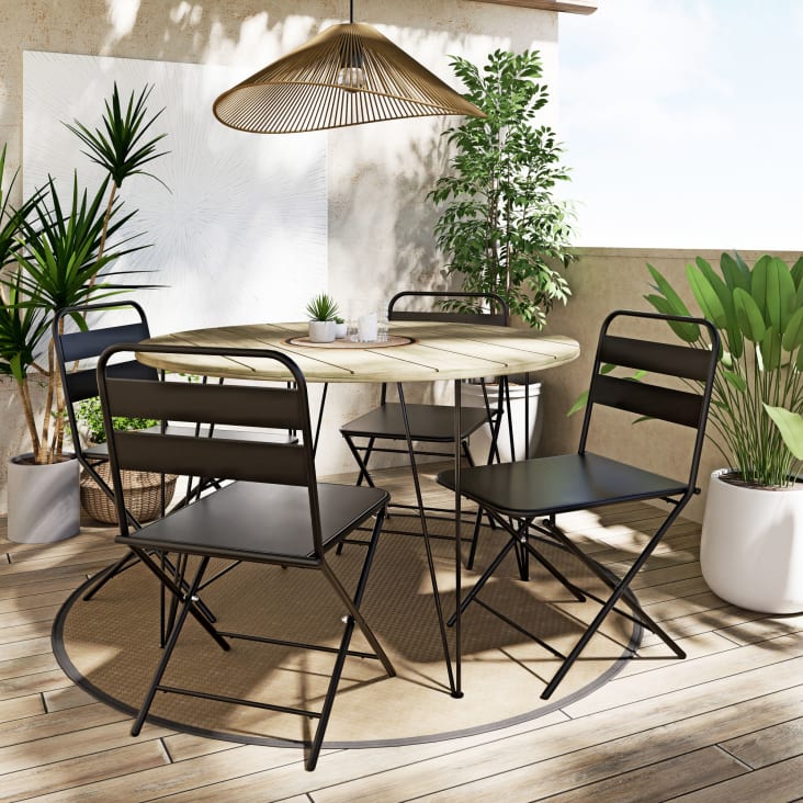 Caramba - Mesa de jardín redonda de acacia maciza y metal negro para 4 plazas D.120