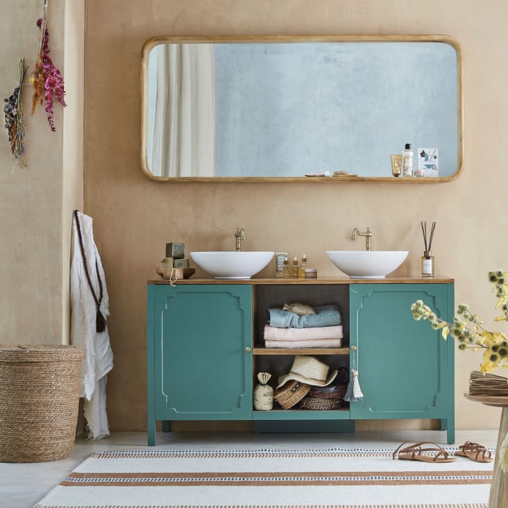 Meuble double vasques 2 portes 1 étagère vert et beige Selena Maisons