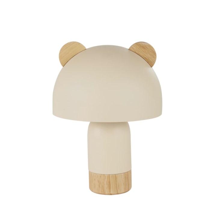 Mini lampada da tavolo in metallo beige con orecchie in legno di hevea