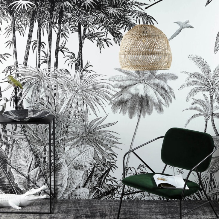 Papier peint panoramique intissé imprimé jungle noir et blanc 350x300