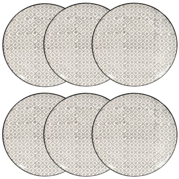 Plato llano de gres blanco con motivos gráficos en negro