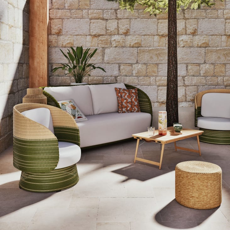 Tavolino Laterale Poltrona Relax In Rattan Per Giardino Schienale  Regolabile, Resistente UV, Con Cuscino Beige Sedie In Rattan