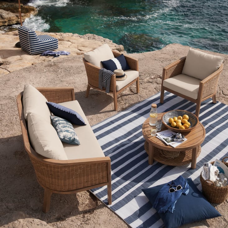 Salon de jardin 4/5 places en bois d'acacia et coussins écrus Amaris