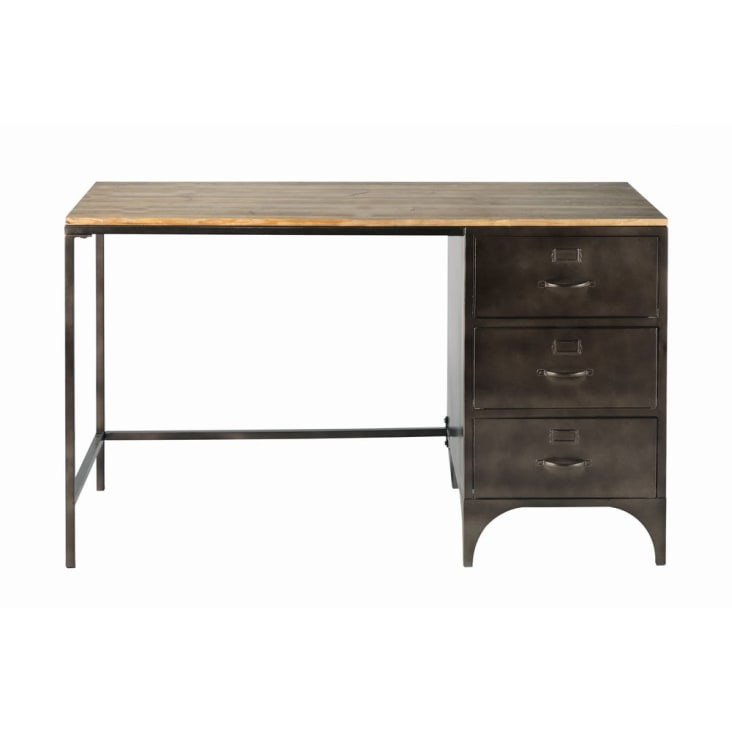 Schreibtisch im Industrial-Stil mit 3 Schubladen aus Metall und Tannenholz