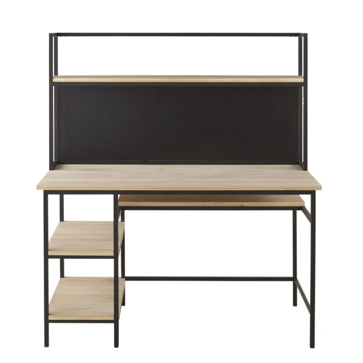 Schreibtisch im Industriestil aus schwarzem Metall und Tannenholz