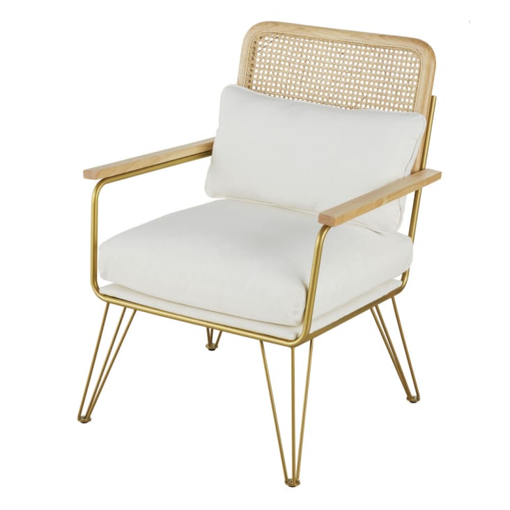 Sessel aus ecrufarbenem du goldfarbenem Füßen Monde Rattangeflecht mit Metall | Maisons Rosalie aus