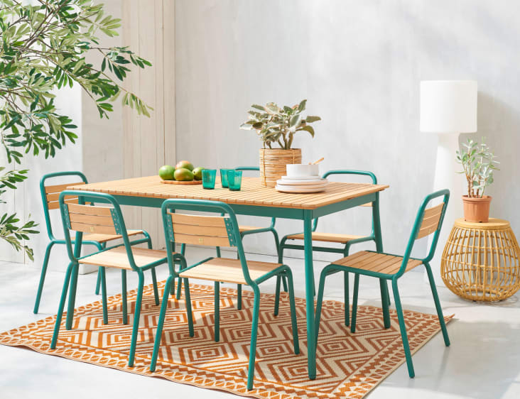 Amario - Set aus Gartentisch für 6 Personen, L147cm, und 6 Stühlen aus entenblauem Aluminium und massivem Eukalyptusholz
