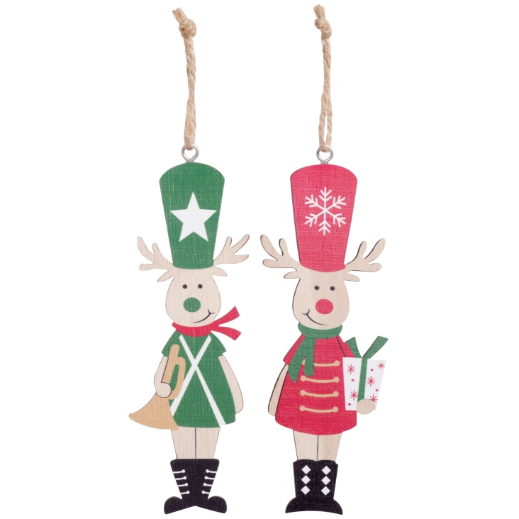 Set di decorazioni natalizie da appendere alce e Schiaccianoci in legno di  pioppo rosso, beige e verde (x2)