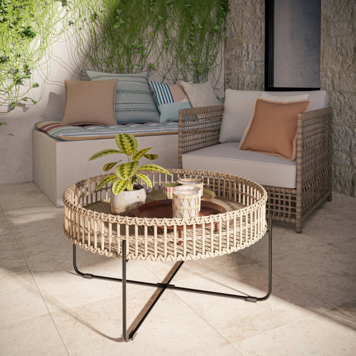 Table D'Appoint Jardin Outsunny - Plateau Verre 40cm, Résine Tressée Noir