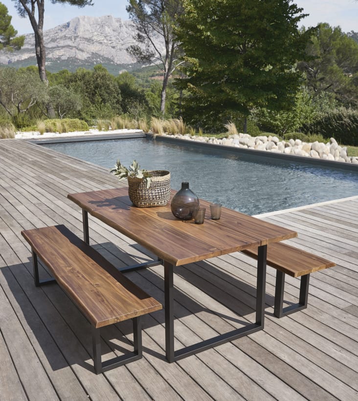 Pianosa - Table de jardin en acacia massif et métal noir 6/8 personnes