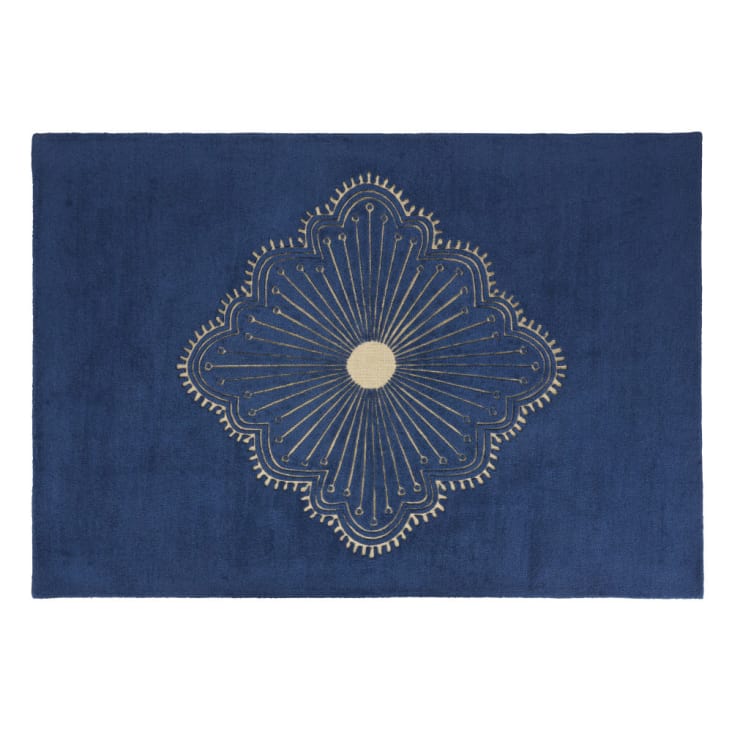 Tapis en laine tuftée bleu marine imprimé floral ciselé doré 160x230 MAROLA