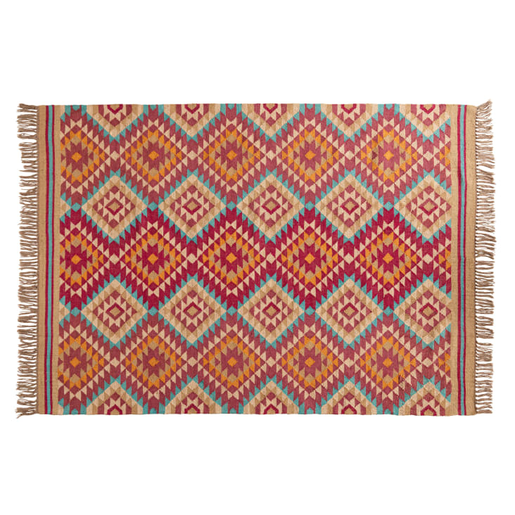 Grand Tapis Kilim Afghan Tissé Main En Laine - 196x158 Cm - Multicolore Géométrique