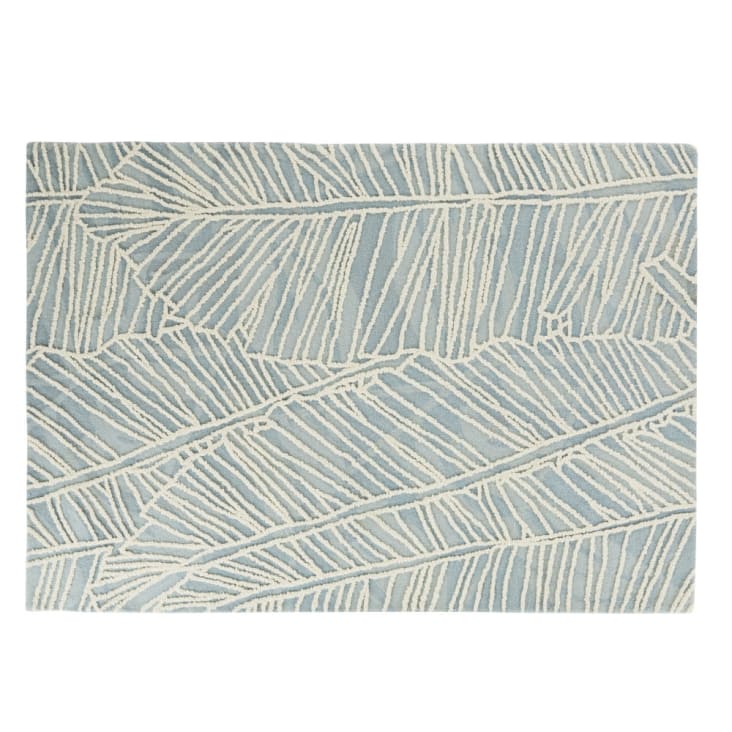 Tappeto taftato con stampa vegetale blu ed ecru 140x200 cm