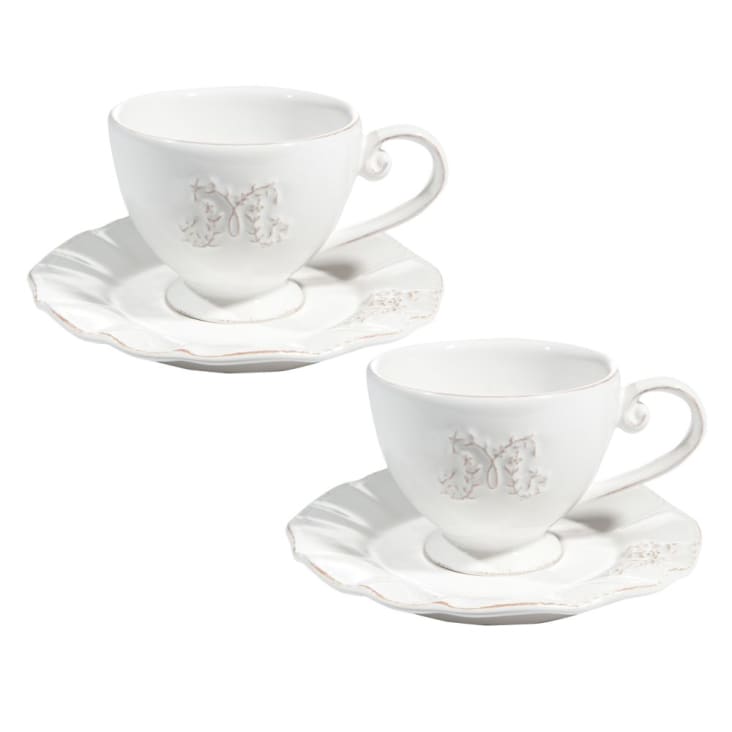 Tazza da tè bianca e piattino in maiolica Bourgeoisie