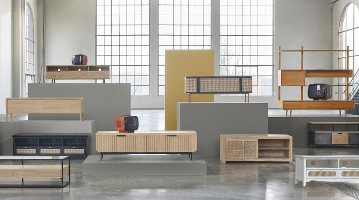 Harvey - TV-Möbel im Industrial-Stil mit 1 Schublade und 2 Türen aus Tannenholz und Metall