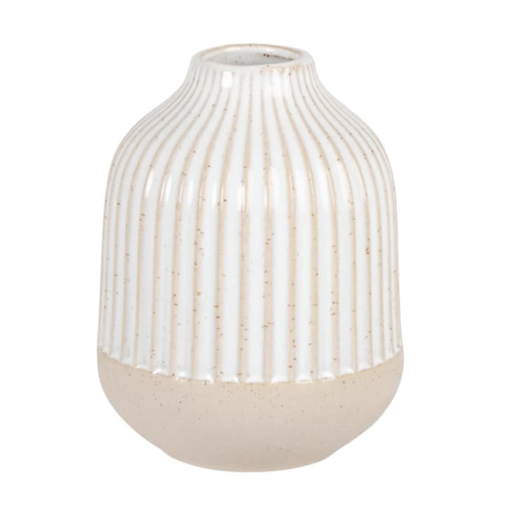 Vase aus weißem Steingut, beige geriffelt, H12cm