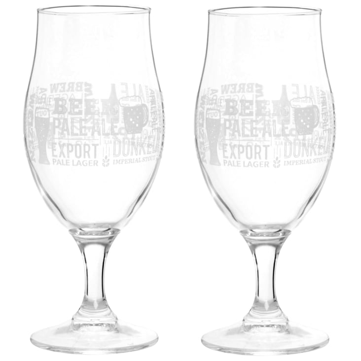 Verres à bière sur pied en verre transparent avec inscriptions blanches