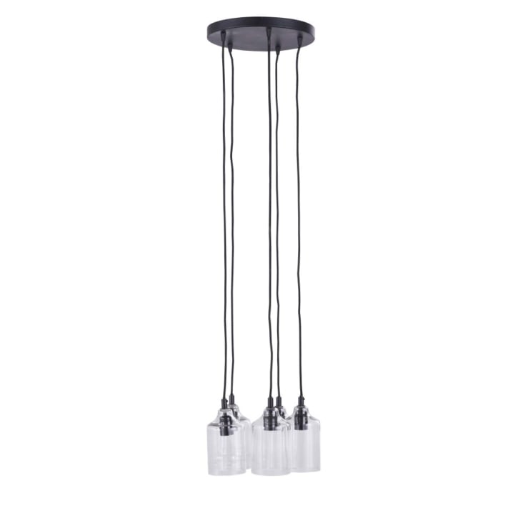 Zwarte metalen hanglamp met 5 glazen lampenkappen