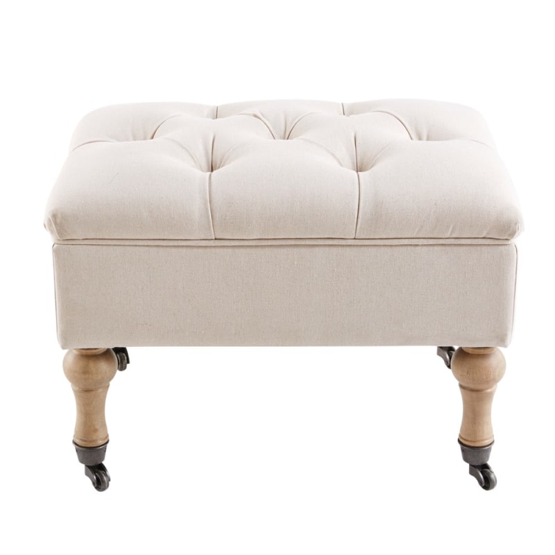 Pouf coffre capitonné à roulettes en lin et coton écrus - miniature 12