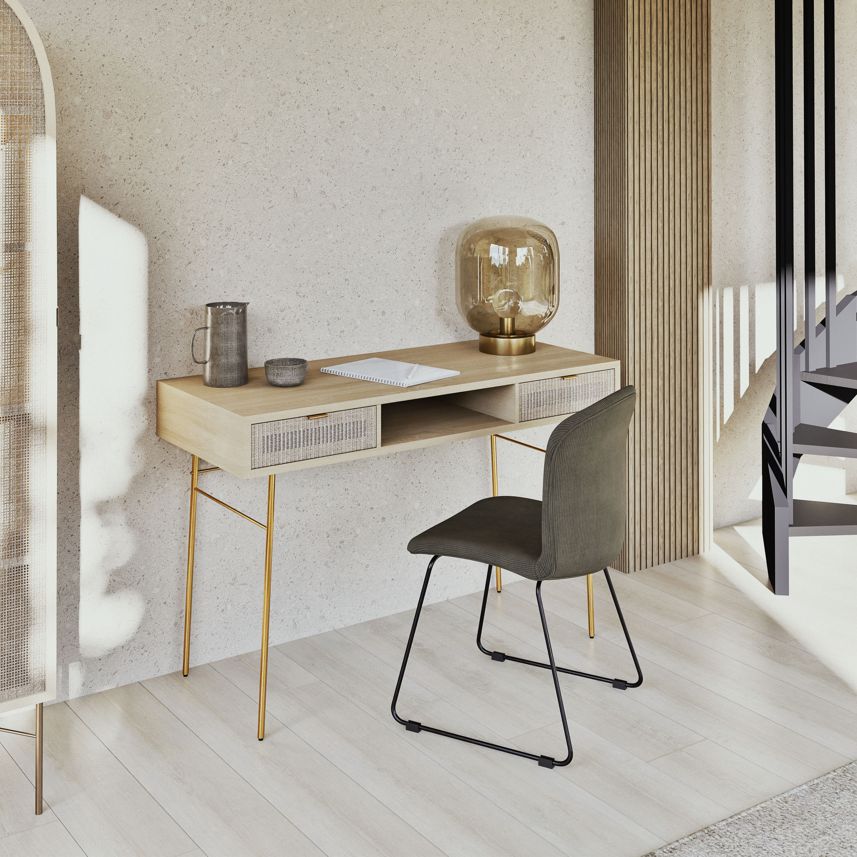 Joli bureau en bois avec tiroirs en cannage pour une ambiance zen. idéal pour travailler.