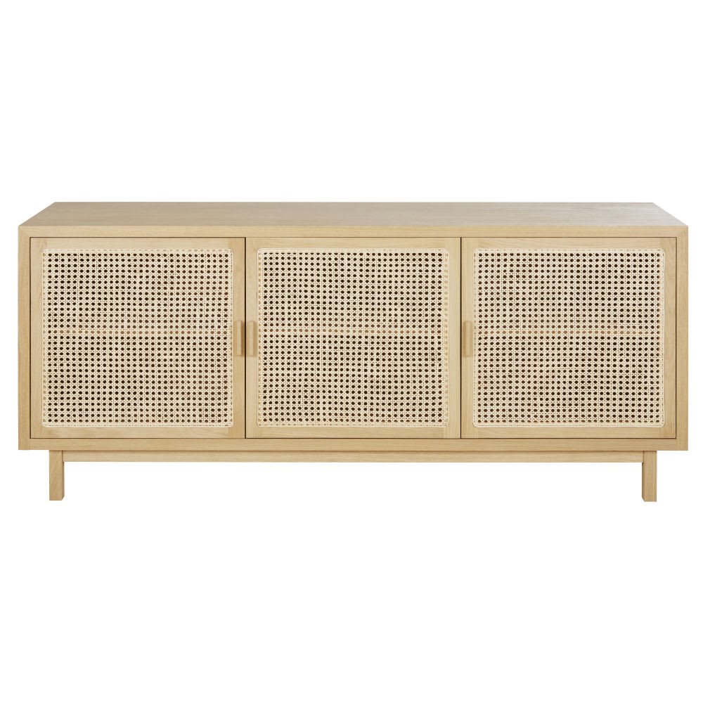 Credenza da 140 cm con 3 ante scorrevoli in rattan e 3 cassetti - ripiani  interni regolabili - Naturale