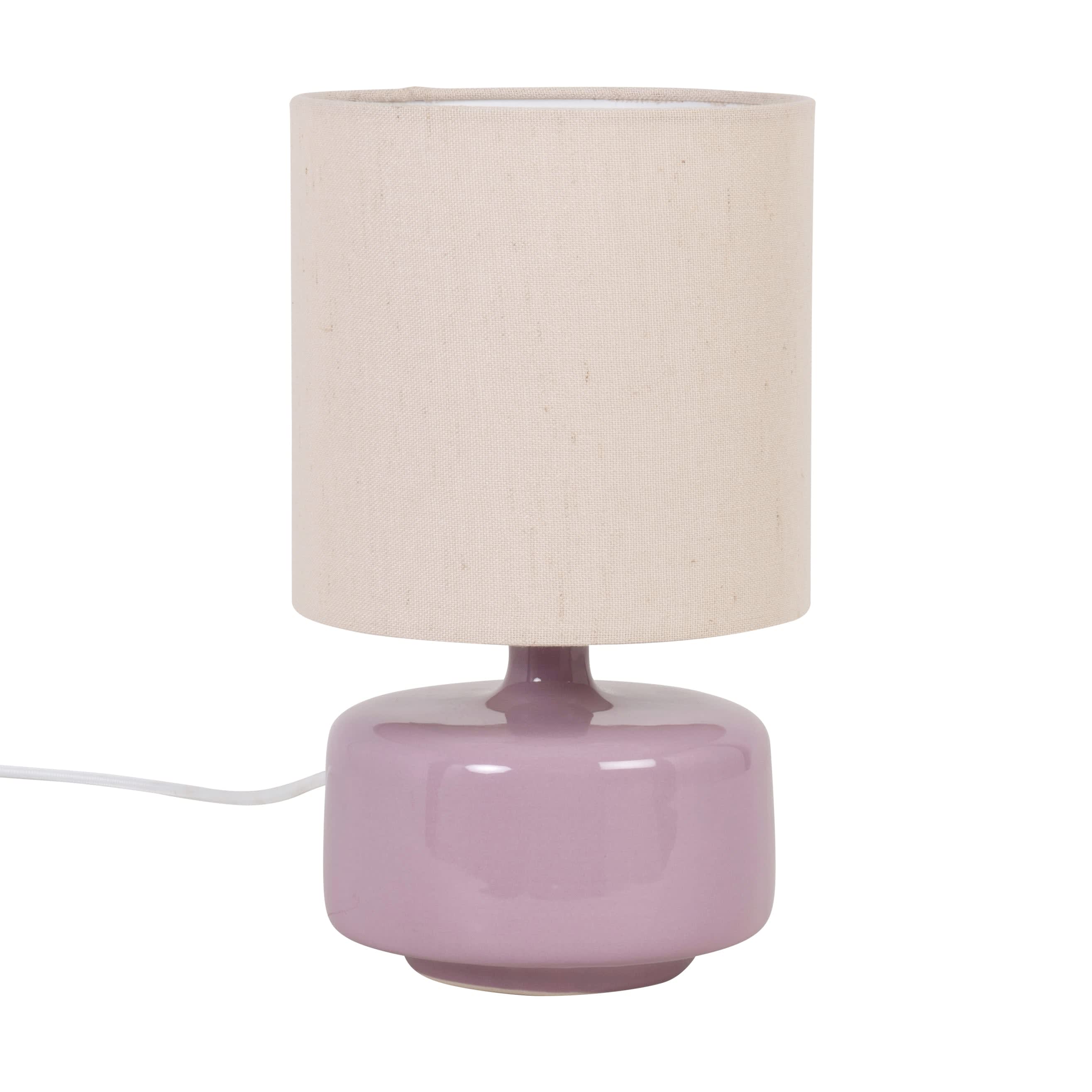 Lampada in ceramica lilla con paralume in poliestere riciclato beige JUNHA