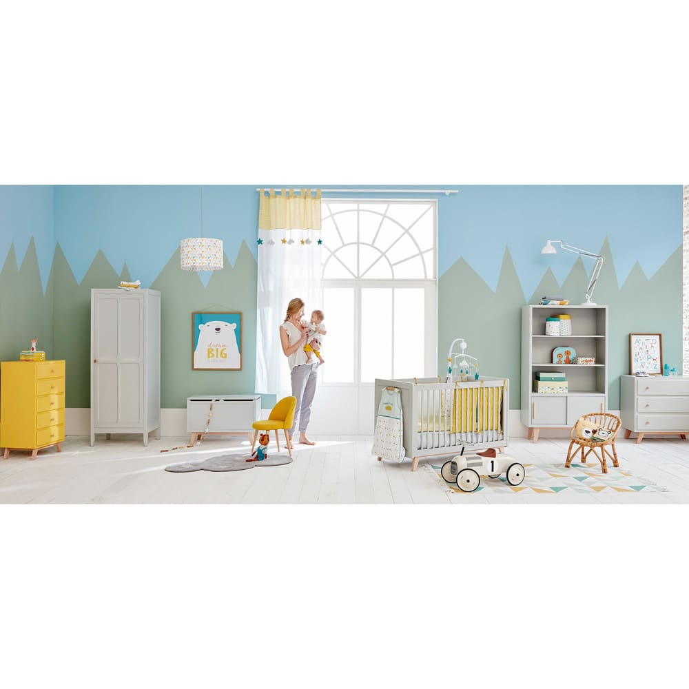 Mobile musical pour bébé en coton blanc, bleu et jaune moutarde Gaston