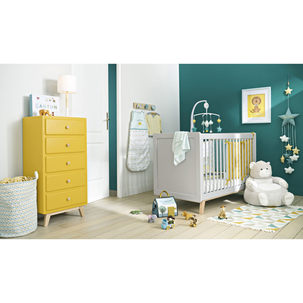 Mobile musical pour bébé en coton blanc, bleu et jaune moutarde Gaston