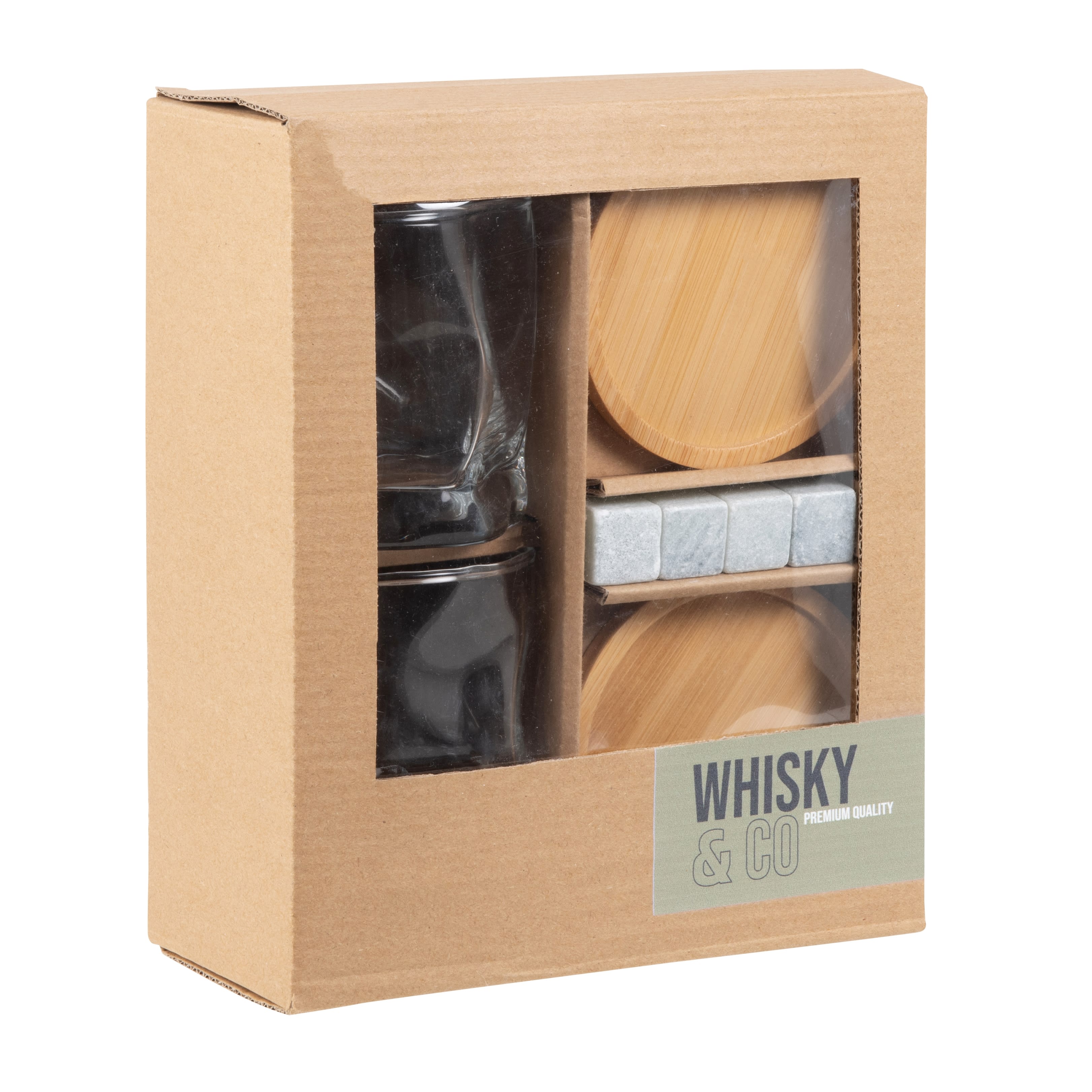 Set di bicchieri da whisky (x2) con sottobicchieri in bambù (x2) e cubetti  refrigeranti riutilizzabili (x4) in pietra