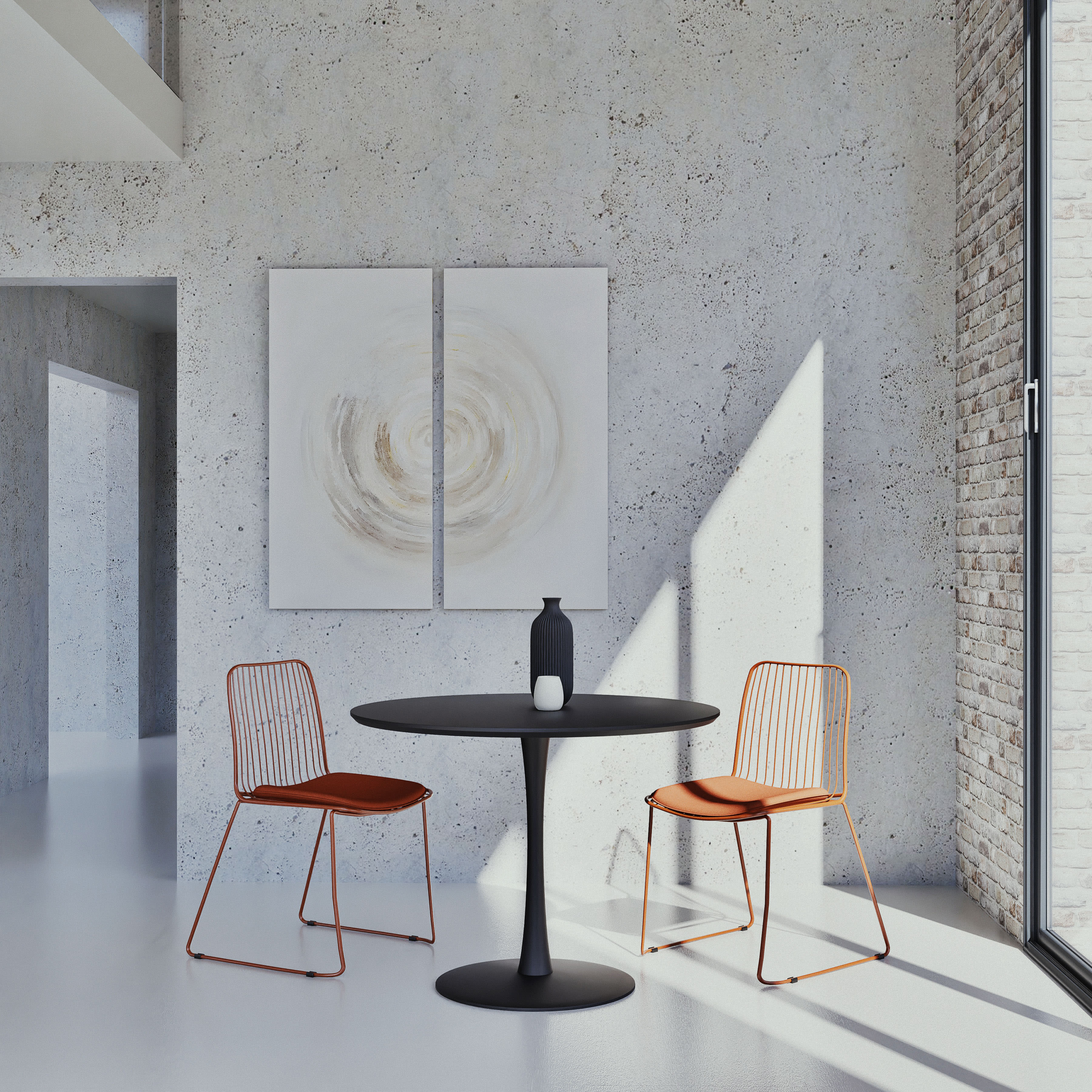 Set Tavolo Da Pranzo 5 Pezzi Rotondo - Piano MDF Bianco Marmorizzato, Gambe In Metallico Nero, 4 Sedie Velluto