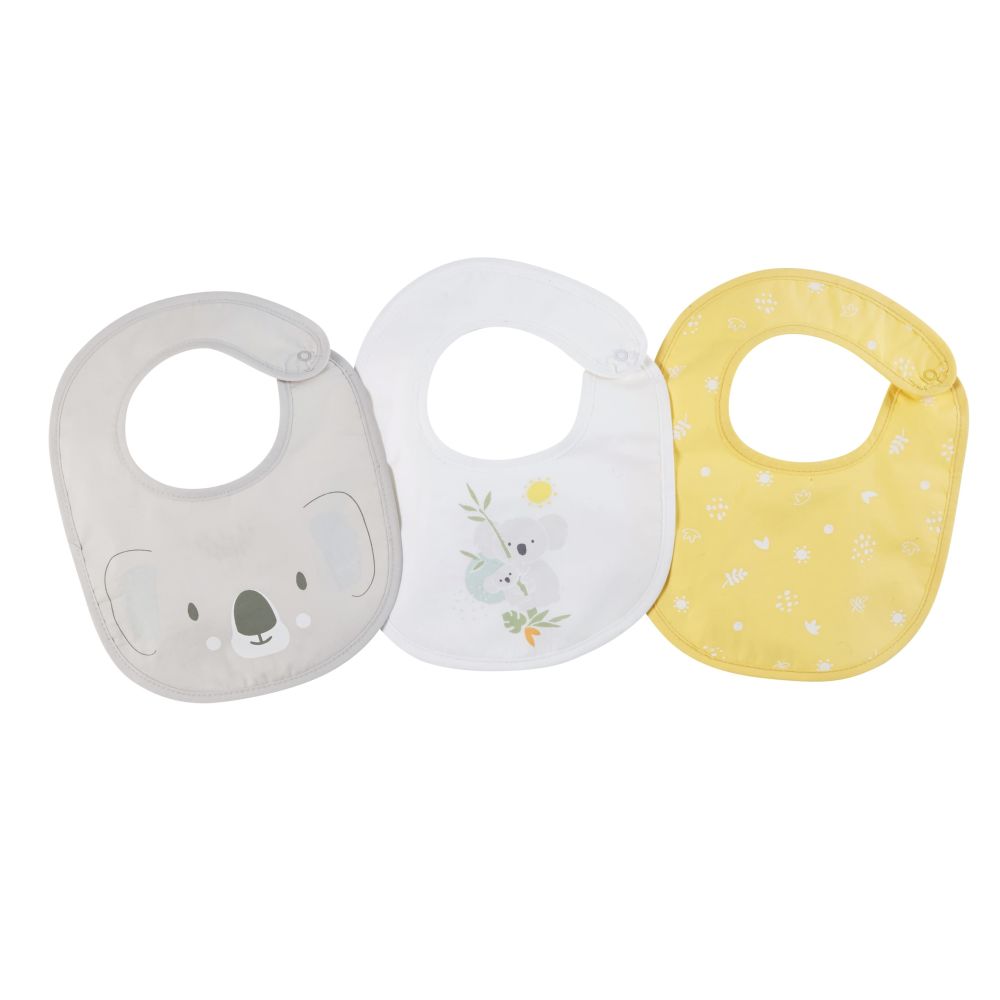 3 bavoirs en coton blanc, gris et jaune imprimé (photo) 3 bavoirs en coton blanc, gris et jaune imprimé