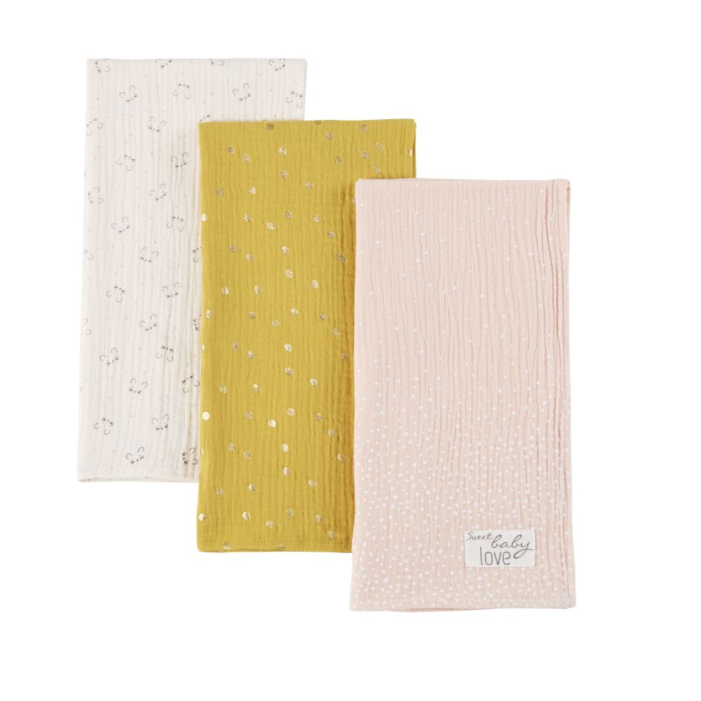 3 langes bébé en coton rose, jaune moutarde et blanc imprimé (photo) 3 langes bébé en coton rose, jaune moutarde et blanc imprimé