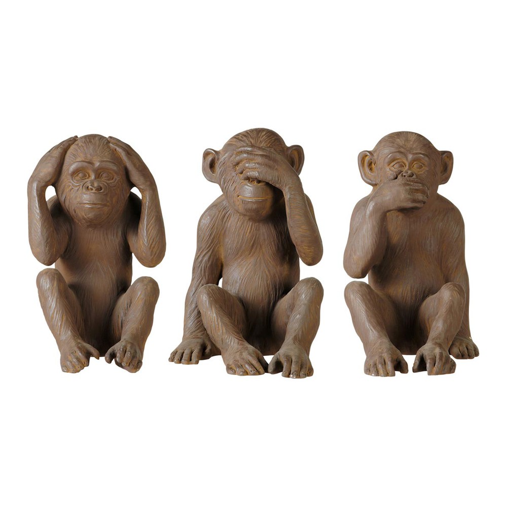 3 statues singes en résine marron H 40 cm