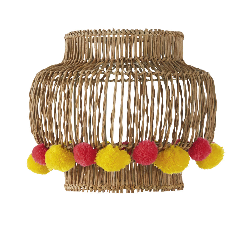 Abat-jour pour suspension en osier avec pompons roses et jaunes Abat-jour pour suspension en osier avec pompons roses et jaunes